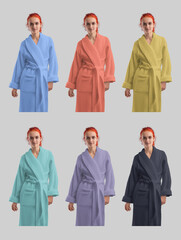 Template of bright terry bathrobe with a belt at the waist of a red-haired girl, front, isolated on the background. Set