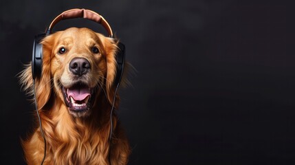 Cute dog wearing big headphones listens to music, sound therapy concept for animals, banner with copyspace
