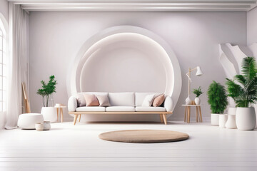 Luxurious living room interior with a beige sofa and artwork. modern  white with a sofa.