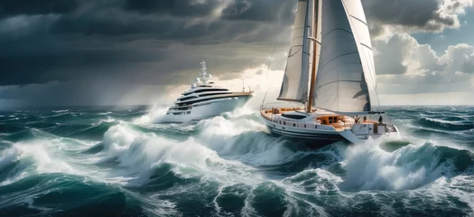 Zelfklevend Fotobehang luxury motor yacht navigating in a storm in the ocean. sea ​​bad weather, big waves, boat collision © Roman