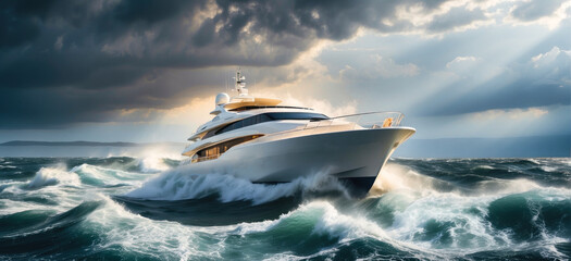 luxury motor yacht navigating in a storm in the ocean. bad weather sea, big windy waves