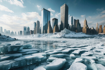 The city's skyline is covered with a thick layer of snow and ice. conveys the atmosphere of a...