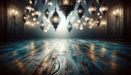 Empty dark wooden floor with a dark and softly glowing background in shades of turquoise and dark blue