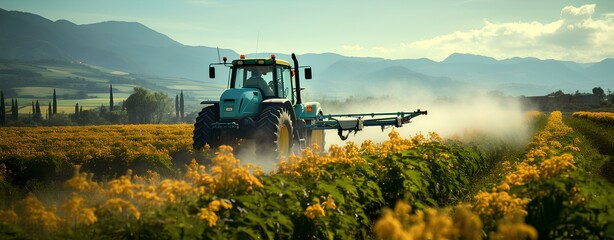 Agricultural tractor spraying field: crop maintenance and farming technology. Generative AI.