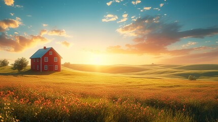 Sunset over a red farmhouse in a lush green field under a cloudy sky - obrazy, fototapety, plakaty
