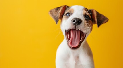 Happy funny excited little dog with long ears and wide open mouth on bright background, banner with copy space - obrazy, fototapety, plakaty