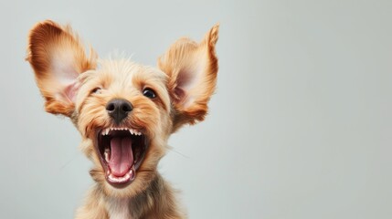 Happy funny excited little dog with long ears and wide open mouth on bright background, banner with copy space