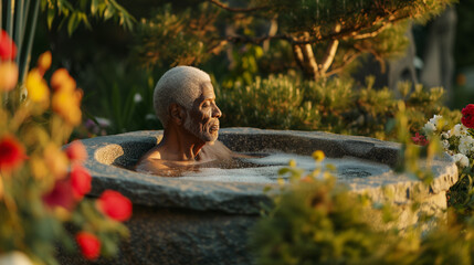 Elderly African American man enjoys a serene moment in an outdoor spa bath, enjoying life after retirement