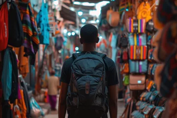 Poster A person walks along a narrow street with a market in a shopping district. A man with a backpack walks between shops and stalls © BraveSpirit