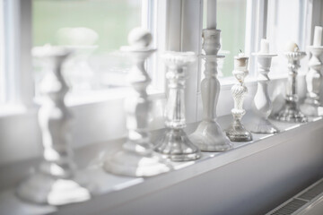 Interior still life of white interior decorated house in a shabby chic style.