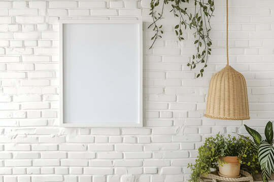 A mockup poster frame with a blank space, hanging on a white painted brick wall, complemented by an industrial-style pendant light.