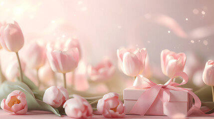 Bouquet of tulips and gift box on bokeh background
