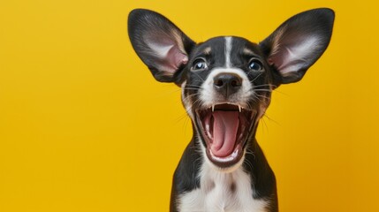 Happy funny excited little dog with long ears and wide open mouth on bright background, banner with copy space