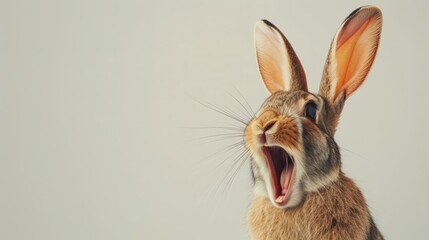 Happy funny excited rabbit hare with long ears and wide open mouth on bright background, banner with copy space