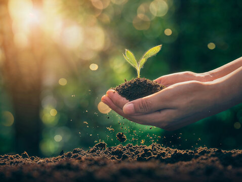 Closeup of hands holding some soil and a little new plant in it. Bokeh background. Environmental concept.