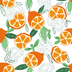 Orange fruits element in seamless pattern design, hand drawn vector illustration isolated on white background. Textile and packaging, wrapping and wallpaper idea with oranges.