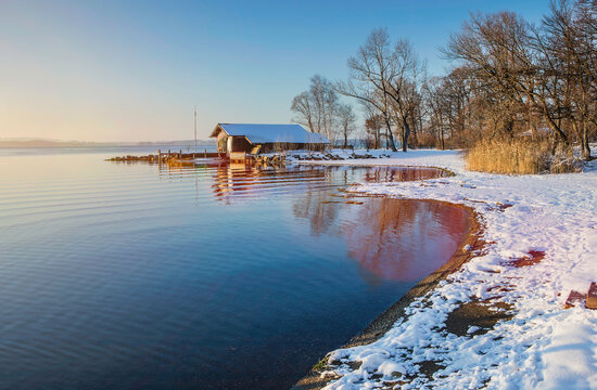 sunset on the lake in winter