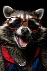 Obraz premium Close up portrait of a raccoon in a superman costume wearing glasses