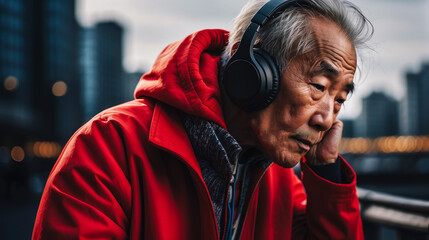Portrait of an Asian old grandfather wearing headphones is done in bright fashionable colors. against the backdrop of the city. Concept of listening to music on audio media adult woman. Portable all-i