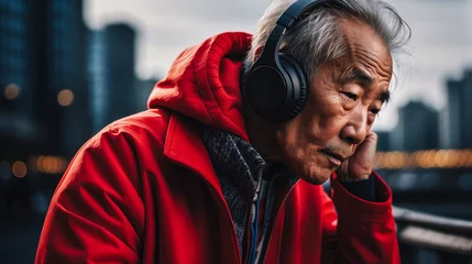 Papier Peint photo Lavable Magasin de musique Portrait of an Asian old grandfather wearing headphones is done in bright fashionable colors. against the backdrop of the city. Concept of listening to music on audio media adult woman. Portable all-i