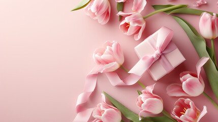 Fototapeta premium Bouquet of tulips and gift box on bokeh background 