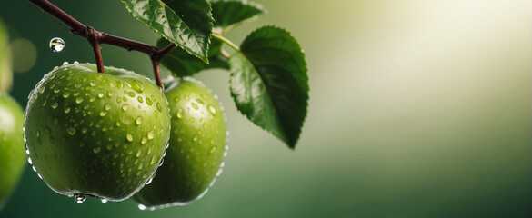 micro shot close up of a fresh green apple fruit hanged on tree with water drops dew as wide banner with copy space area