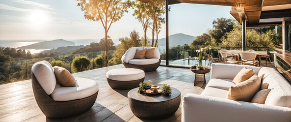 luxury outdoor seating area lounge or terrace with nature panoramic view, fancy modern contemporary...