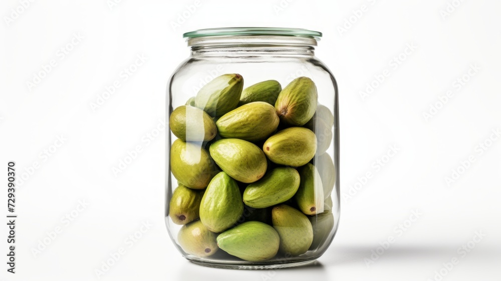 Poster a close-up realistic photo of a glass jar filled with ripe avocados against a white background gener