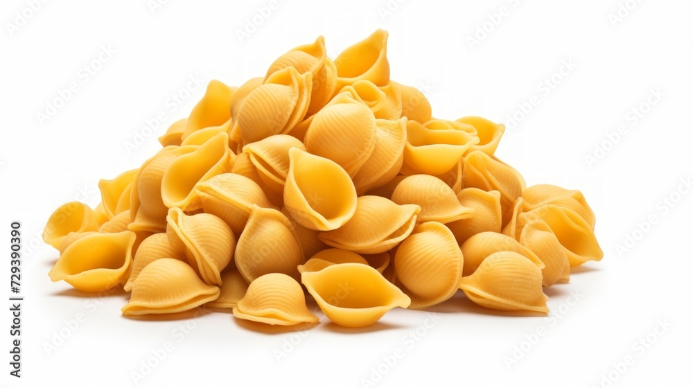 Poster a close-up realistic photo of a heap of orecchiette pasta on a white background generative ai