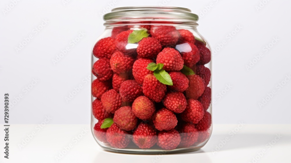Poster a close-up realistic photo of a glass jar packed with fresh, succulent lychees against a white backg