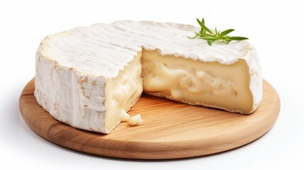 A creamy brie cheese showcased in a close-up realistic photo against a white background Generative AI