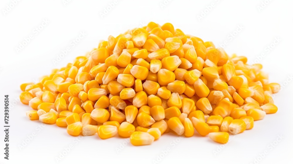 Poster A small heap of corn kernels captured in a close-up realistic photo against a white background Generative AI