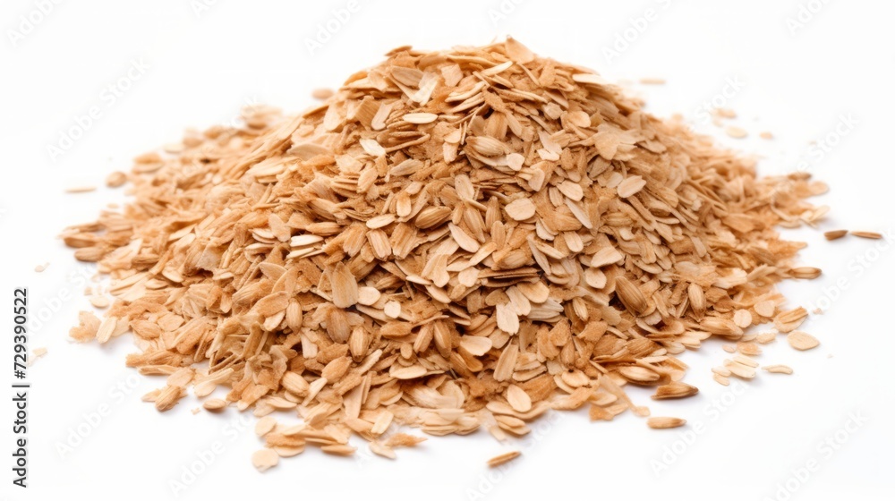 Poster A small heap of spelt flakes captured in a close-up realistic photo against a white background Generative AI