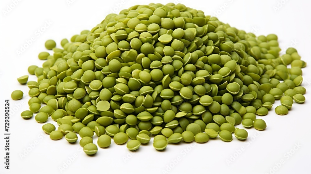 Poster A small heap of mung beans captured in a close-up realistic photo against a white background Generative AI