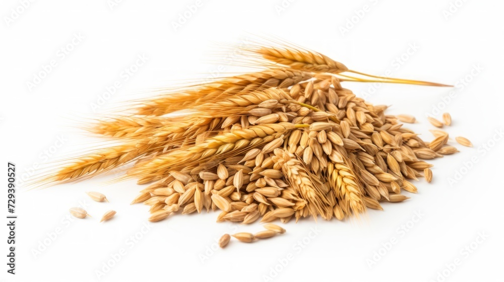 Poster a small pile of barley grains showcased in a close-up realistic photo against a white background gen