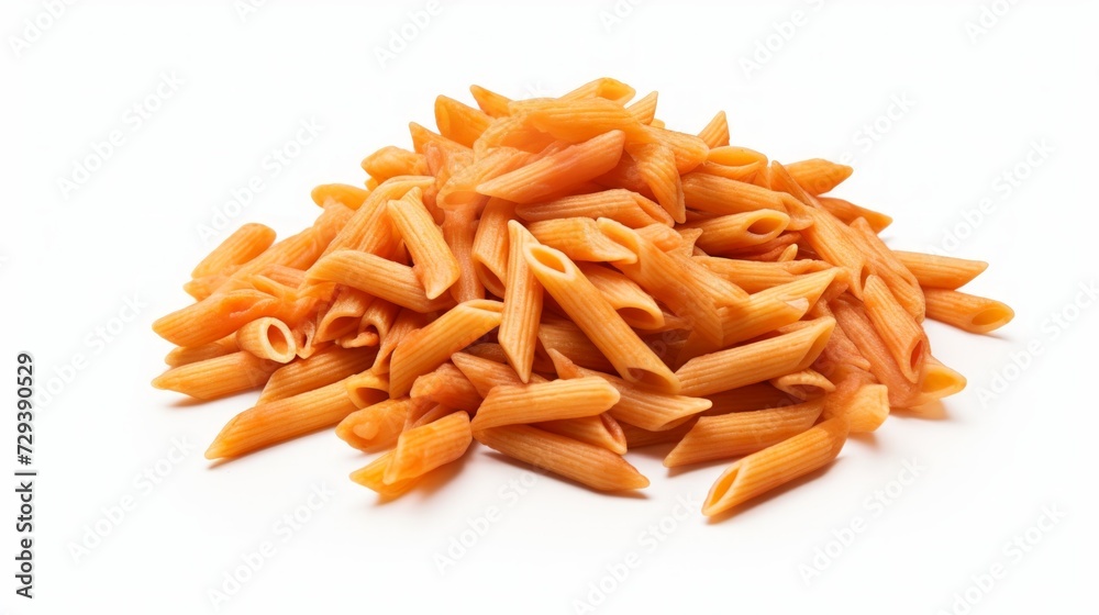 Poster a small mound of penne rigate pasta captured in a close-up realistic photo against a white backgroun