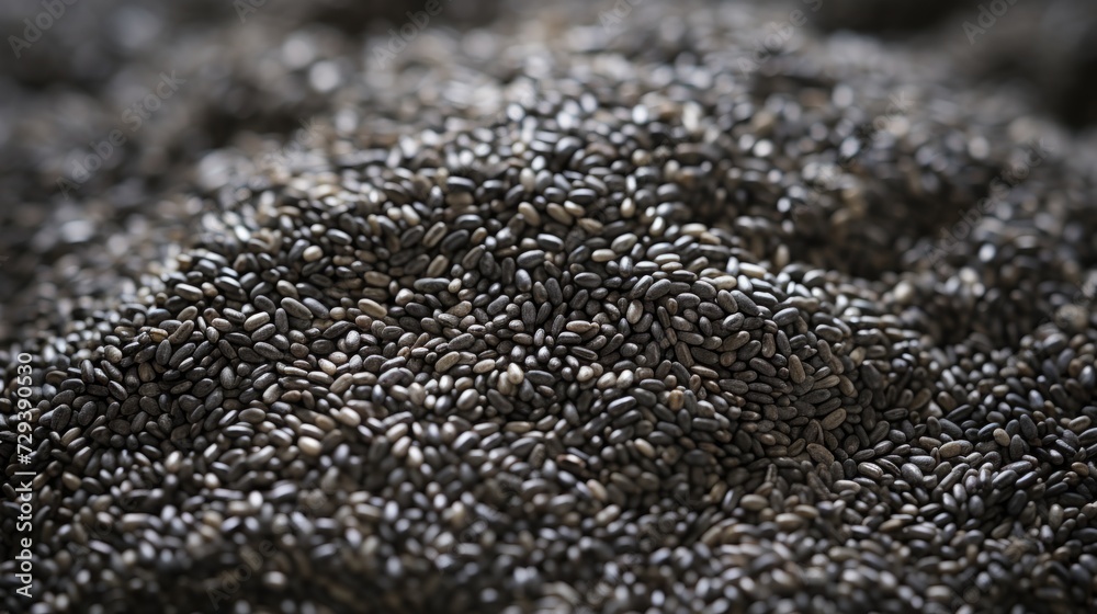 Poster a small pile of chia seeds showcased in a close-up realistic photo against a white background genera