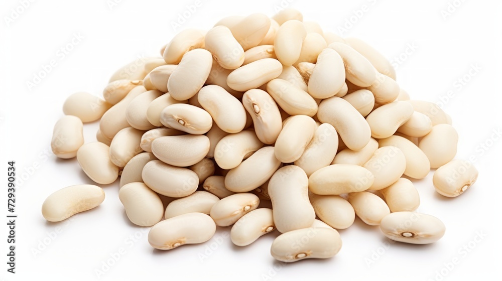 Poster a small pile of navy beans showcased in a close-up realistic photo against a white background genera