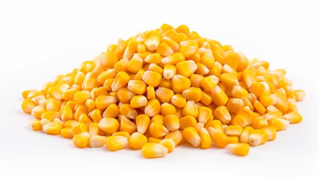 A small heap of corn kernels captured in a close-up realistic photo against a white background Generative AI