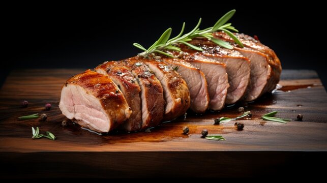 A succulent pork tenderloin showcased in a close-up realistic photo against a white background Generative AI