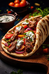gyros on a wooden board close up food photography, Generative AI