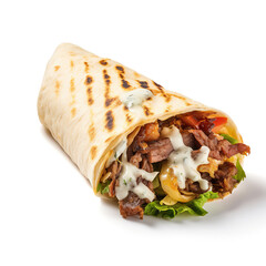 shawarma wrap with meat vegetables and sauce on white background, Generative AI