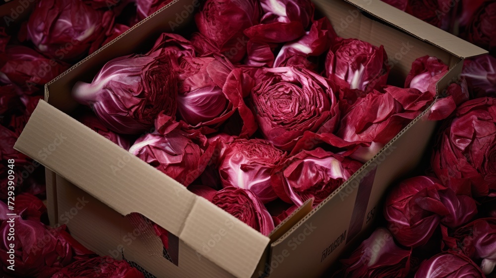 Poster close-up realistic photo featuring a box filled with crisp, red radicchio generative ai