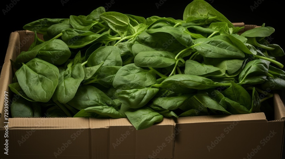 Poster close-up realistic photo featuring a box packed with vibrant green spinach leaves generative ai