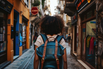 Obraz premium A young girl with curly hair walks along a narrow street between tall buildings. A girl with a backpack travels through the city