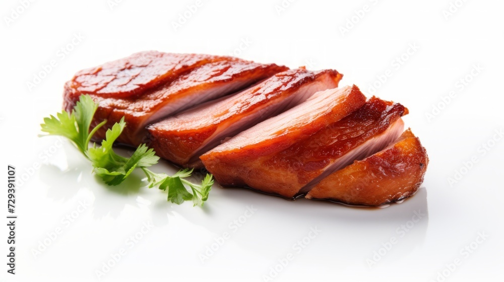 Poster close-up realistic photo featuring a tender duck breast piece against a white background generative 
