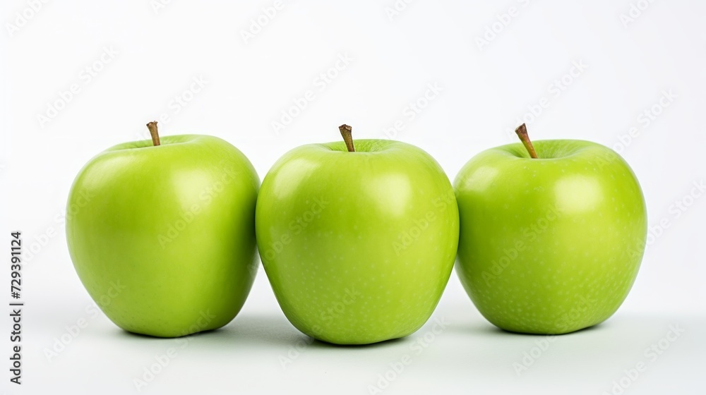 Poster Close-up realistic photo featuring three crisp green apples on a white background Generative AI
