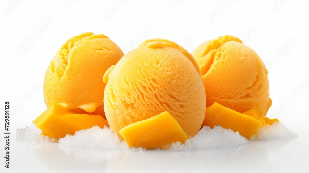 Poster Close-up realistic photo featuring three scoops of fruity mango sorbet on a white background Generative AI