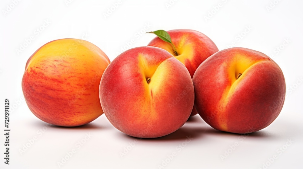 Poster Close-up realistic photo featuring three juicy nectarines on a white background Generative AI