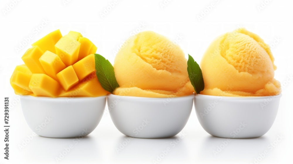 Poster close-up realistic photo featuring three scoops of fruity mango sorbet on a white background generat